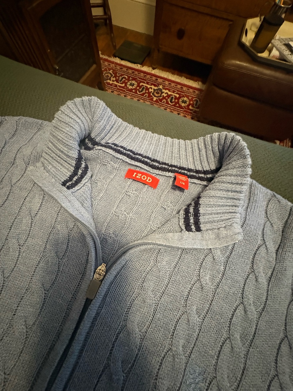 Izod Men's Light Blue Cable Zip-Up Sweater with Navy Trim